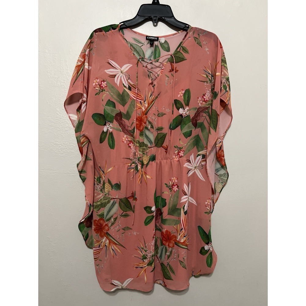 Express‎ Floral Lace Up Kaftan Mini Dress Pink Tropical Bird of Paradise Medium
